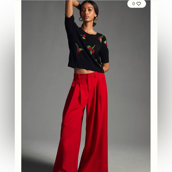 Anthropologie Maeve Puff-Sleeve Cashmere Jumper XS Black with Cherry Print - Picture 3 of 11